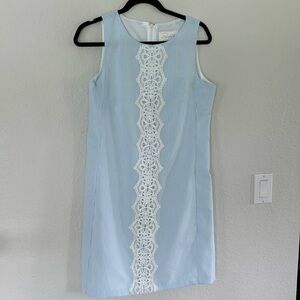 Embellished blue and white seersucker look dress.